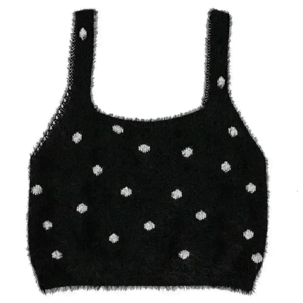 Black White Polka Dot Cropped Tank Top Size Large Stretchy Fuzzy‎ Crop Top